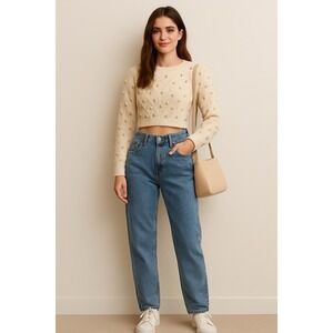 Urban Outfitters Womens‎ Medium Cream Chevron Metallic Pom Pom Cropped Sweater
